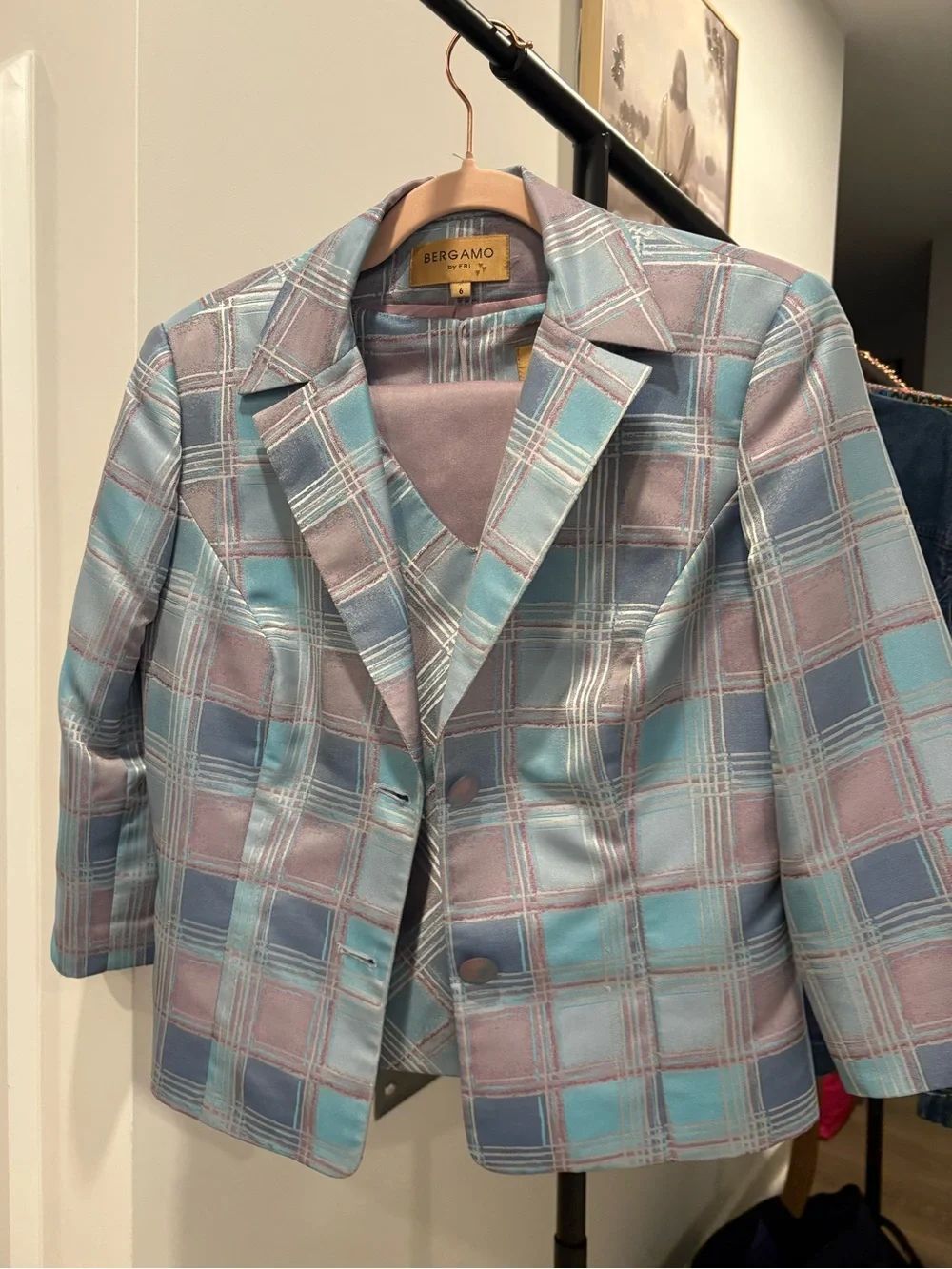 Pastel Plaid Women's Blazer Jacket and skirt set - Light Blue & Mauve